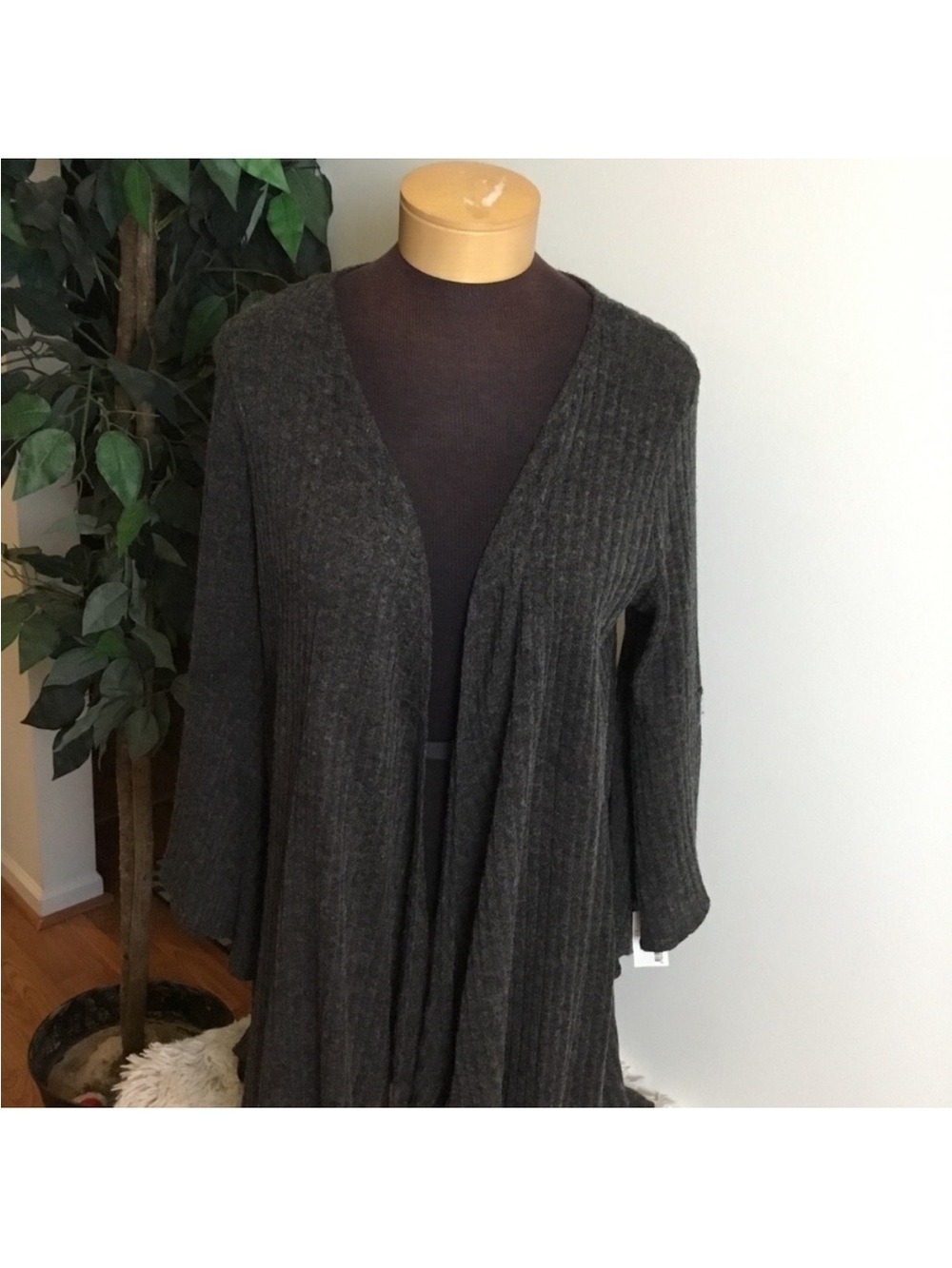Relativity Charcoal Ribbed Open Front Cardigan XL Waterfall Hem - Picture 10 of 16